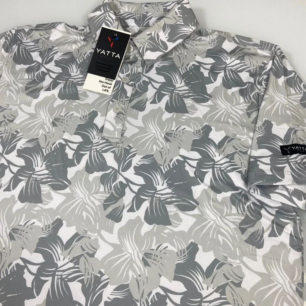 Yatta Golf Mens S Gray Floral Golf Polo Shirt NEW 4-Way Stretch Moisture Wicking
